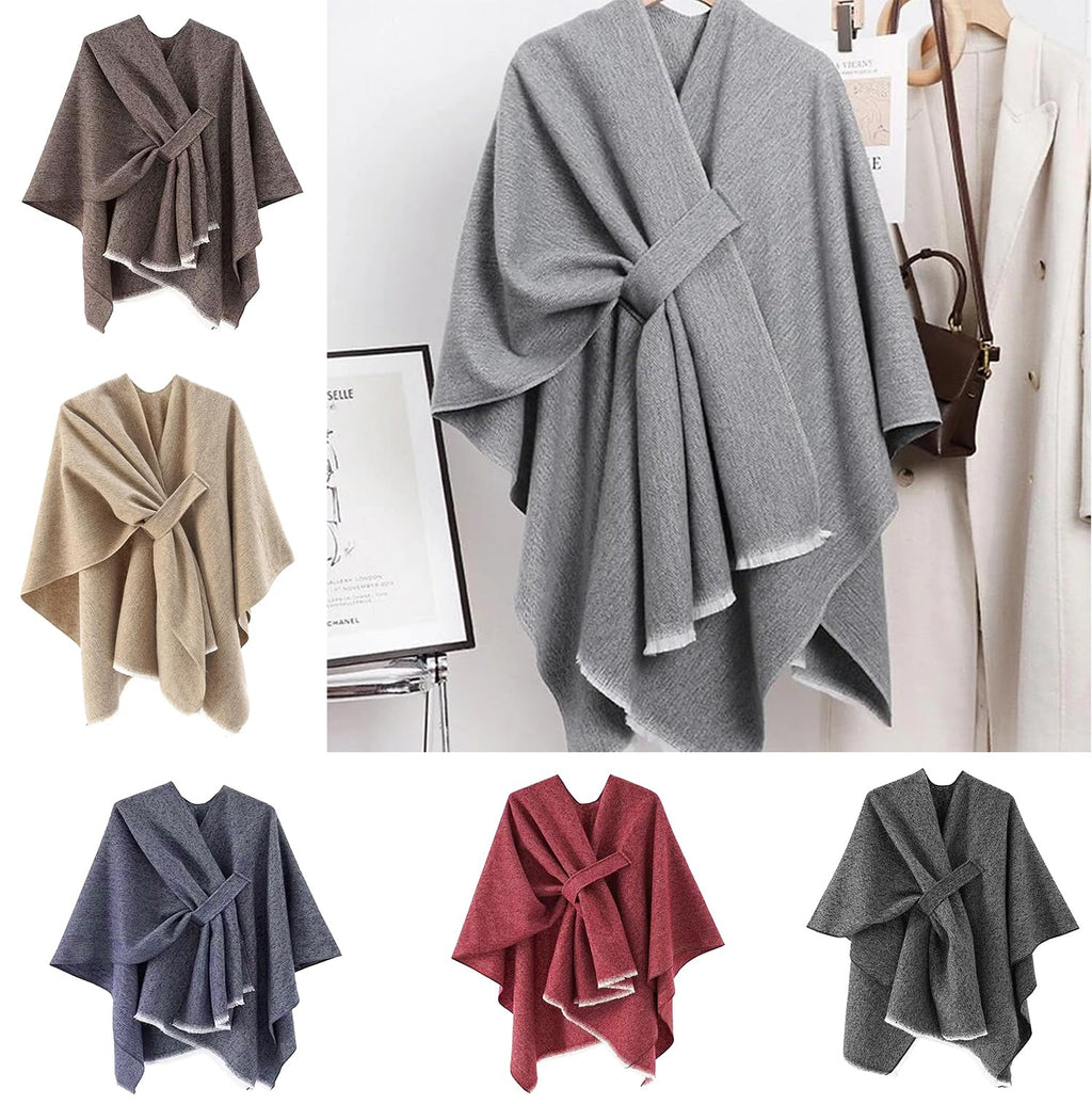 stylesilove Women Elegant Solid Color Fringe Poncho Open Front Shawl Cape Ultra Warm Wrap for Autumn Winter Season