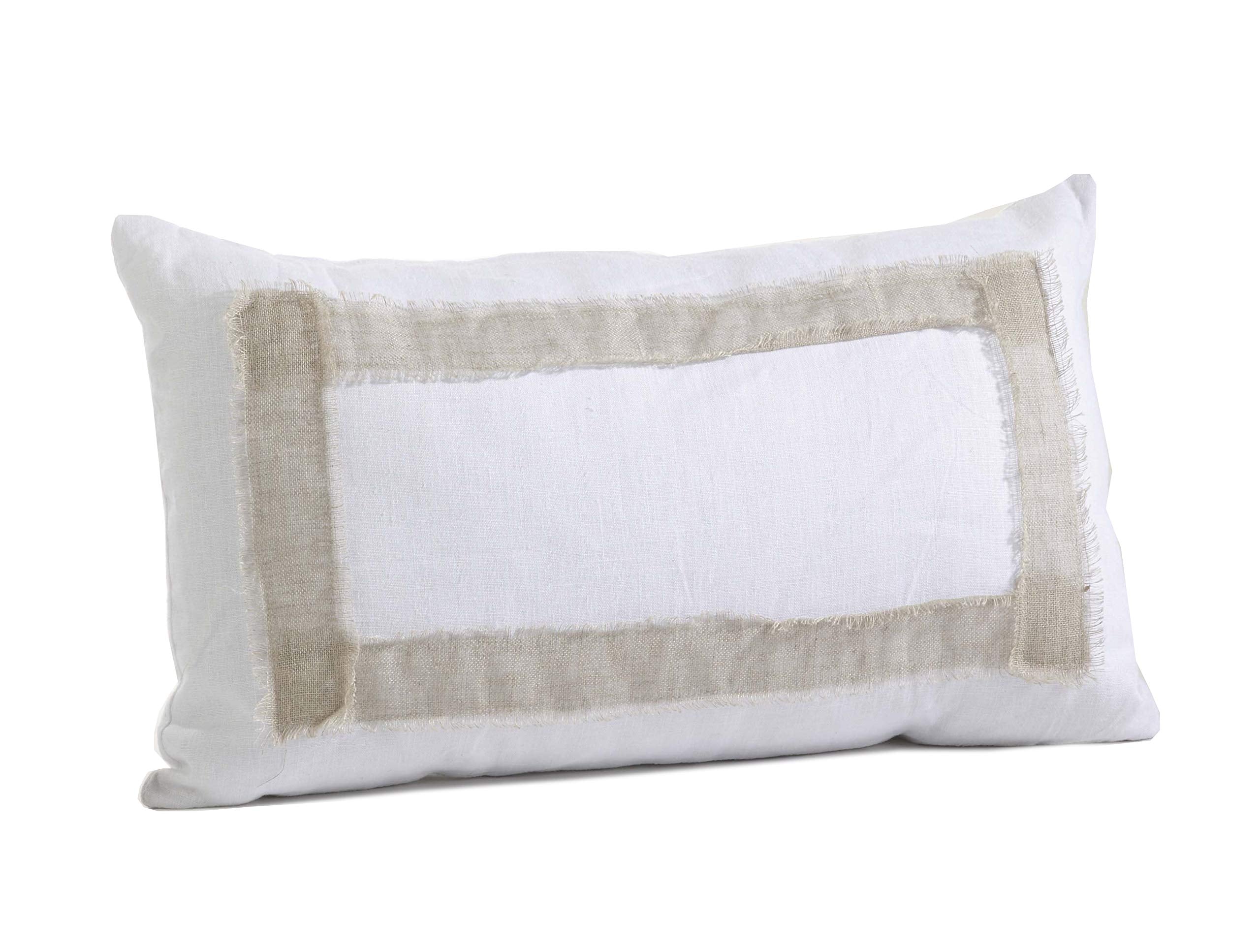 Fennco Styles White Crisp Natural Banded Rectangular 100% Linen Decorative Throw Pillow 12 x 20 Inch - White Accent Pillow for Home, Couch, Living Room, Bedroom and Office Decor