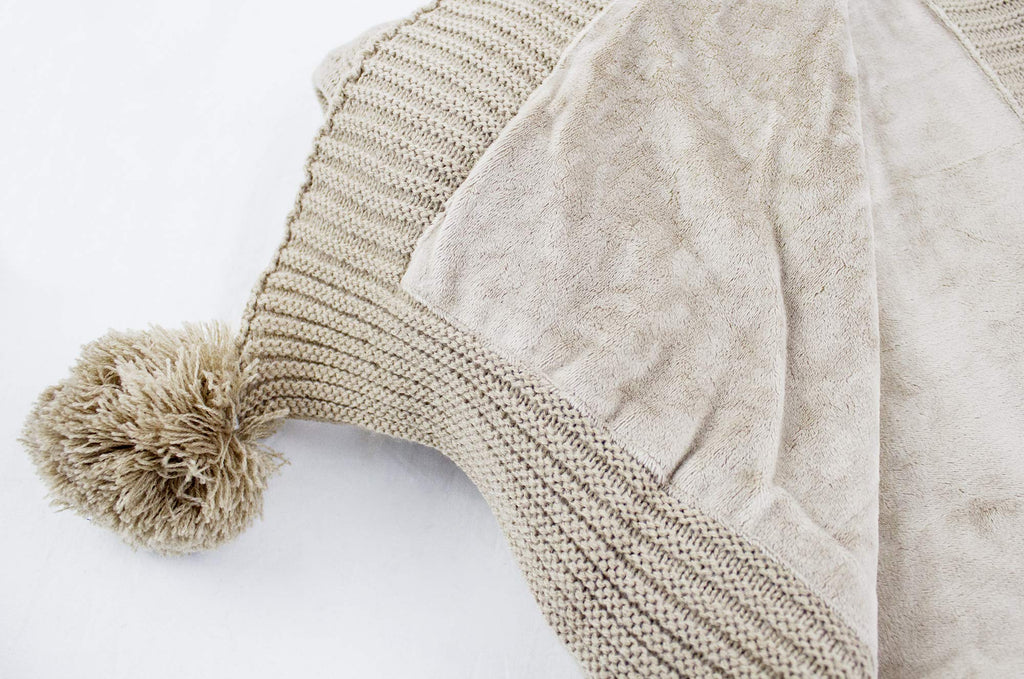 Fennco Styles Luxe Faux Fur Cable Knit Reversible Pom Pom Cozy Throw Blanket, 50" x 60" (Taupe)