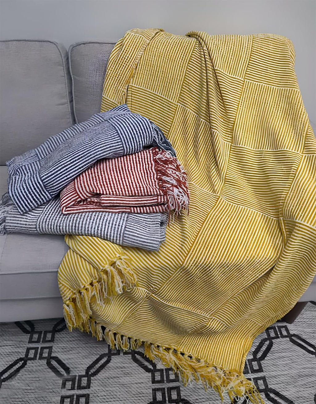 Fennco Styles Chenille Woven Striped Tassel Throw Blanket 50" W x 60" L - Grey Soft Blanket for Bed, Couch, Sofa, Home, Office and Holidays Décor