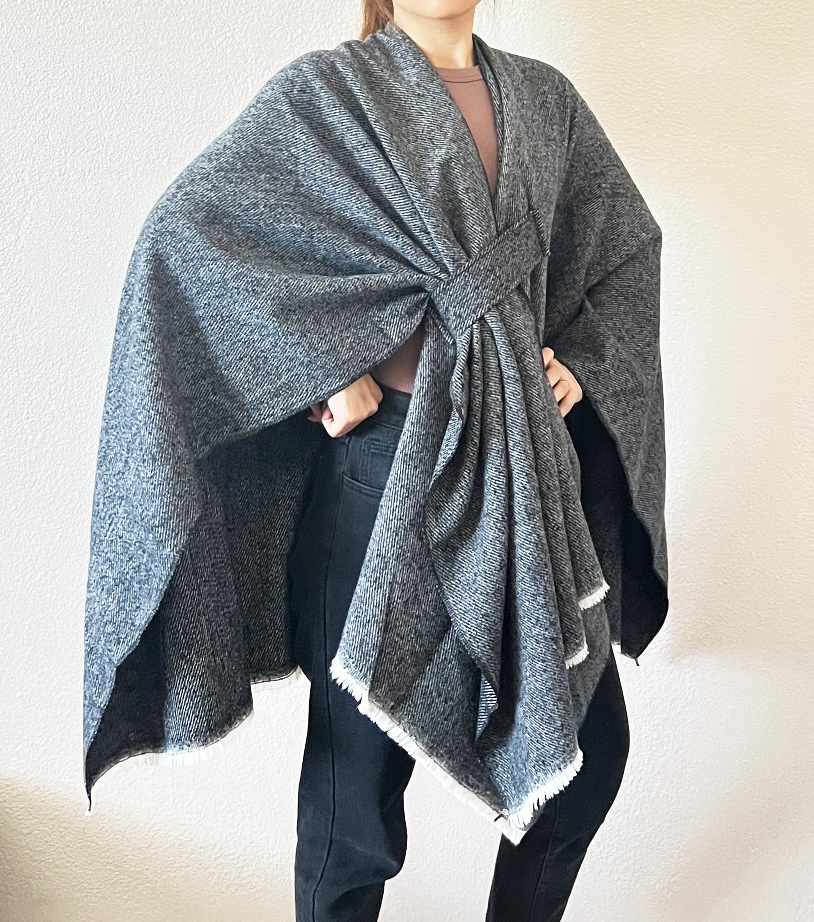 stylesilove Women Elegant Solid Color Fringe Poncho Open Front Shawl Cape Ultra Warm Wrap for Autumn Winter Season