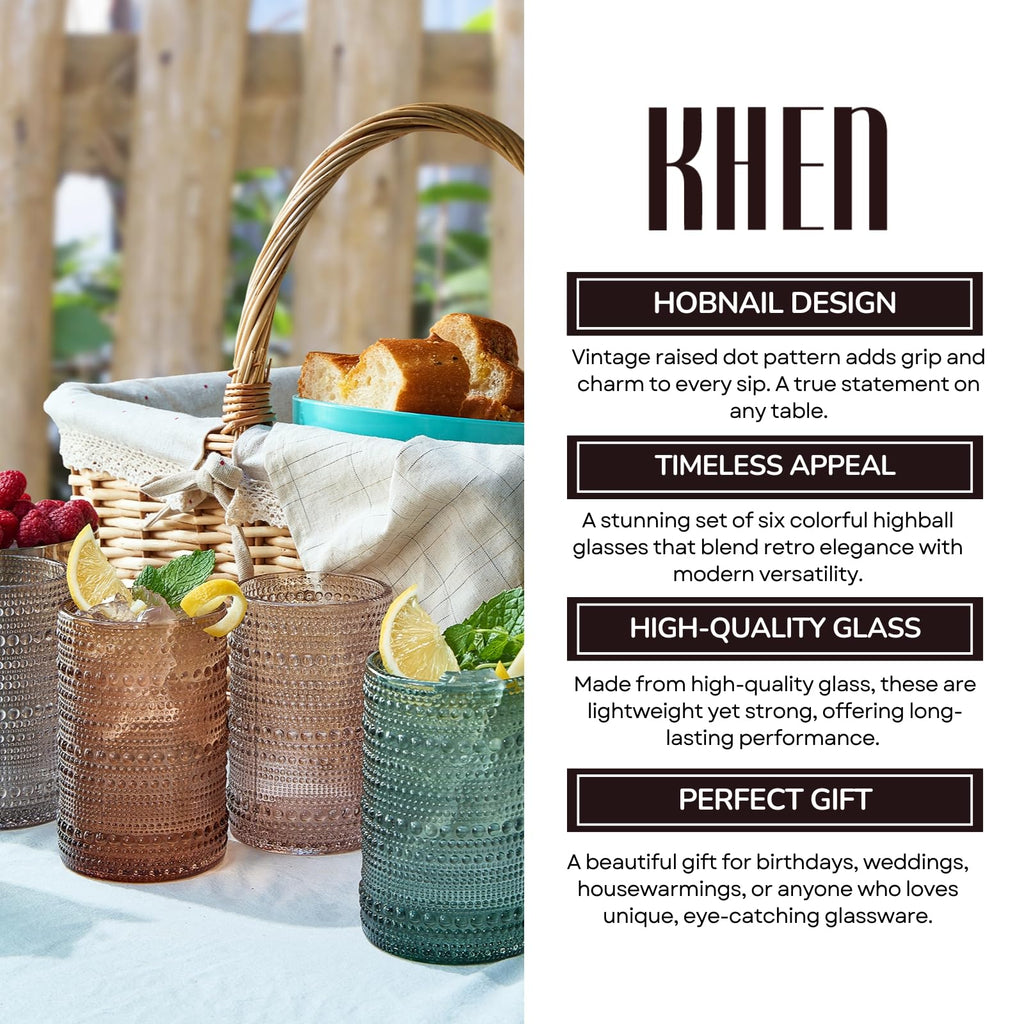 Khen Hobnail Drinking Glasses with Straws | Muted Colors | Set of 6
