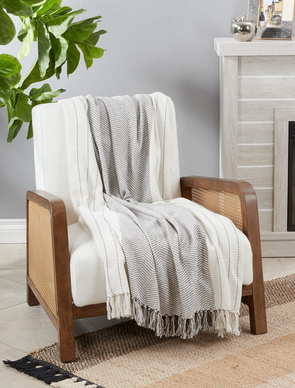 Fennco Styles Classic Kantha Stitch Cotton Throw Blanket with Tassel 50" W x 60" L – Grey Textured Blanket for Bed, Couch, Sofa, Home Décor, Ideas