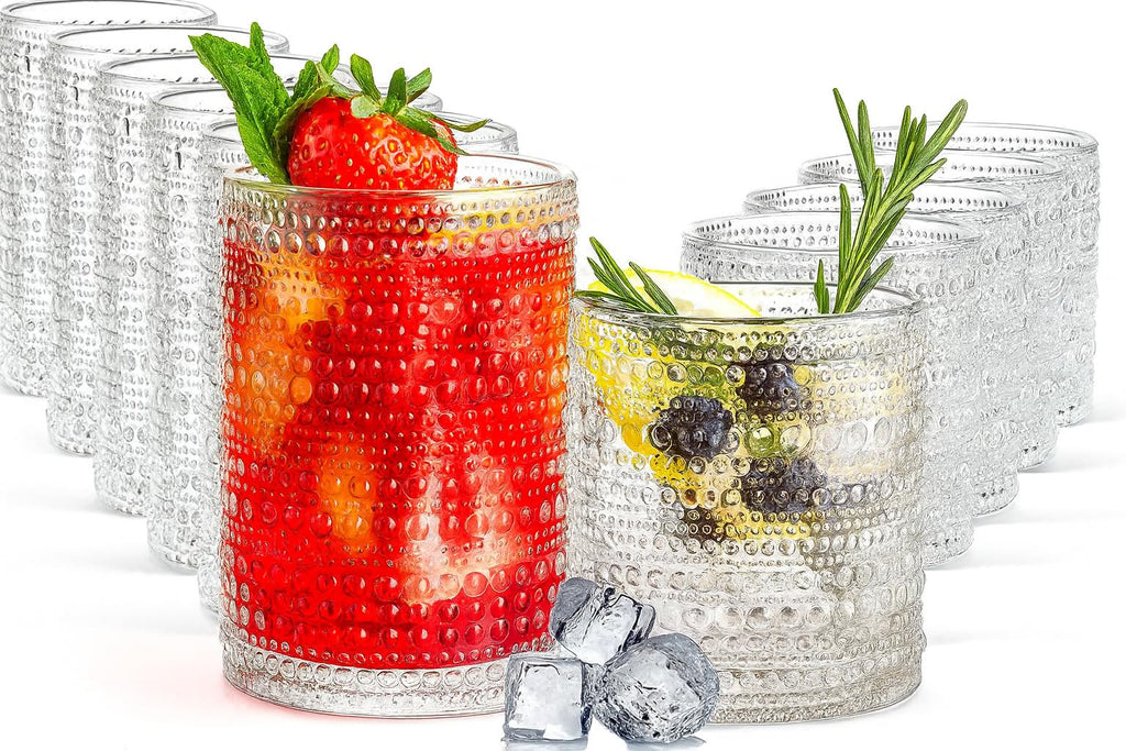 Khen Hobnail Drinking Glasses with Straws | Clear Colors | Set of 12