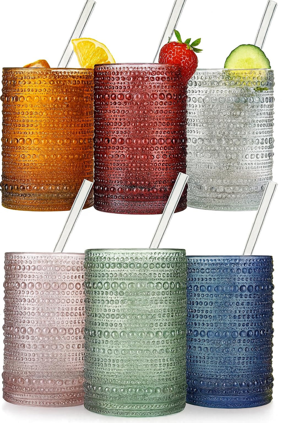 Muted Hobnail Glasses with Straws — Set of 6