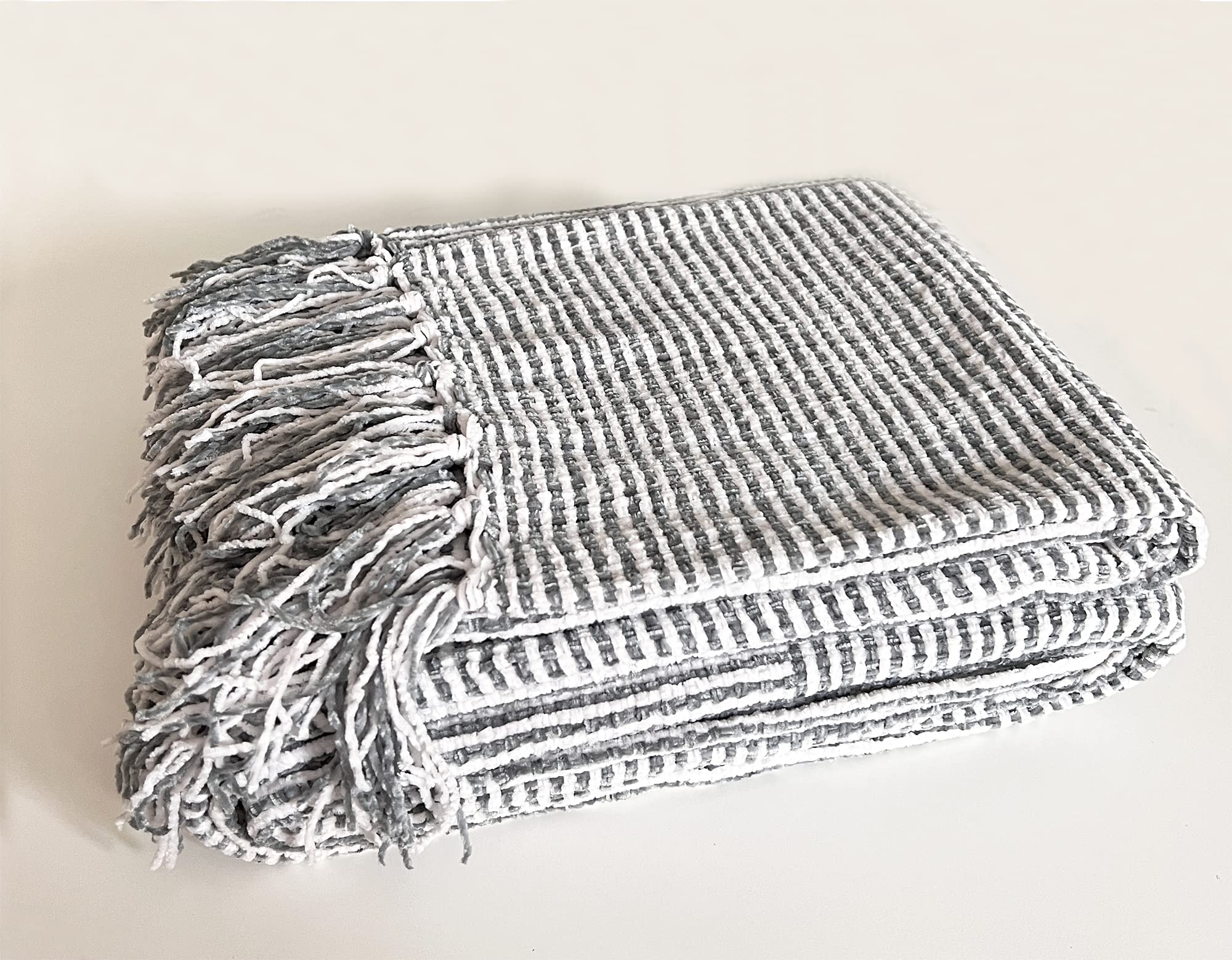 Fennco Styles Chenille Woven Striped Tassel Throw Blanket 50" W x 60" L - Grey Soft Blanket for Bed, Couch, Sofa, Home, Office and Holidays Décor