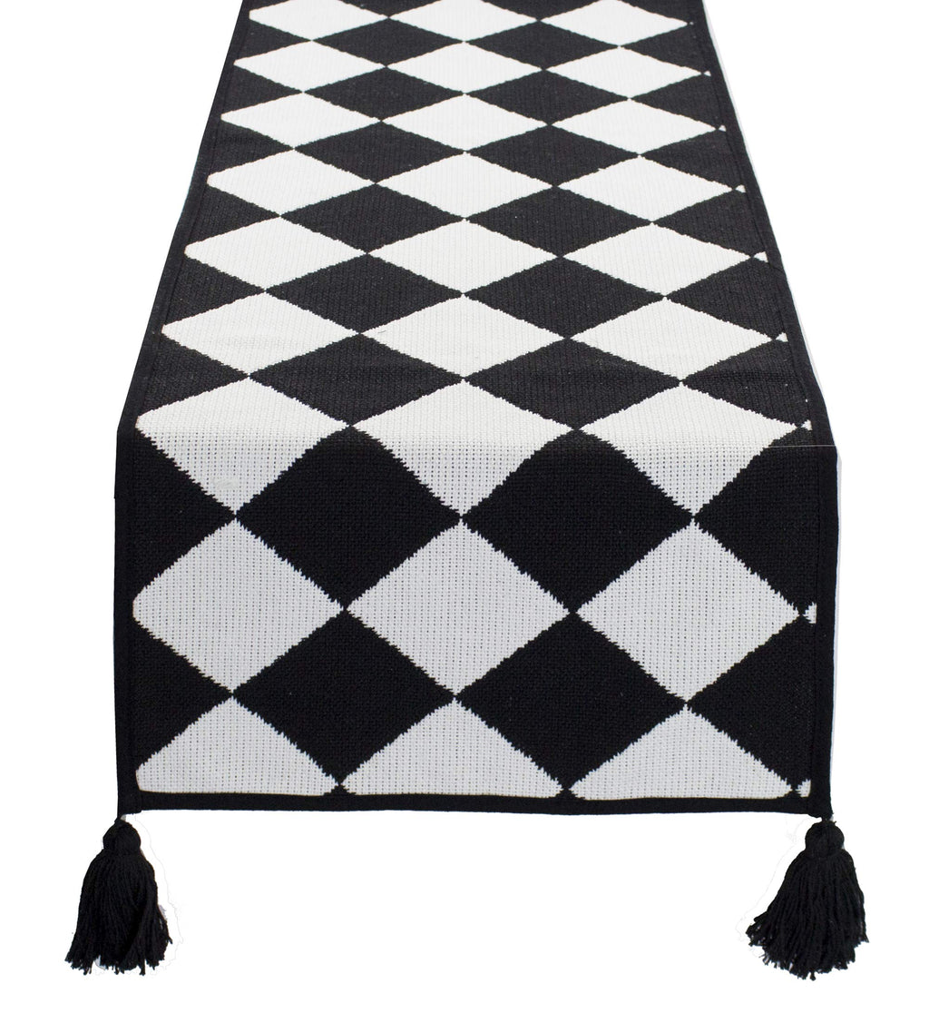 Fennco Styles Black and White Checker Woven Table Runner - 14 x 71 Inch Check Runner Table Centerpiece for Dining Home Decor, Indoor Parties, Holiday Events Tassel Table Runner