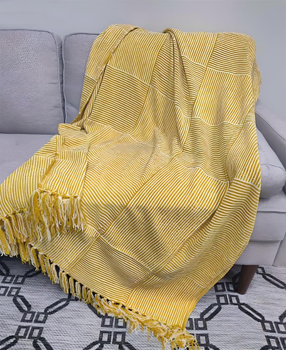 Fennco Styles Chenille Woven Striped Tassel Throw Blanket 50" W x 60" L - Grey Soft Blanket for Bed, Couch, Sofa, Home, Office and Holidays Décor