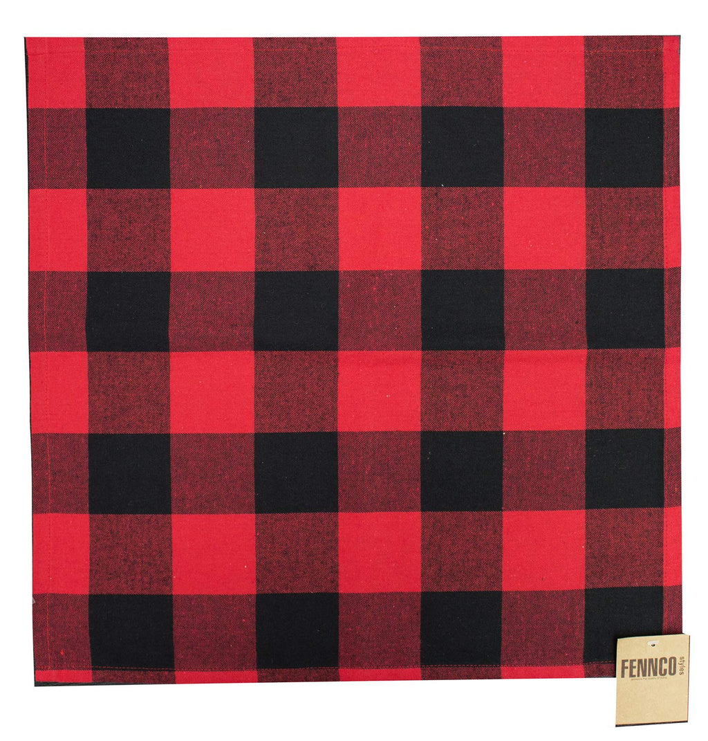 Fennco Styles Buffalo Plaid Red and Black Velvet Pom Pom Trim Design Cotton Table Runner