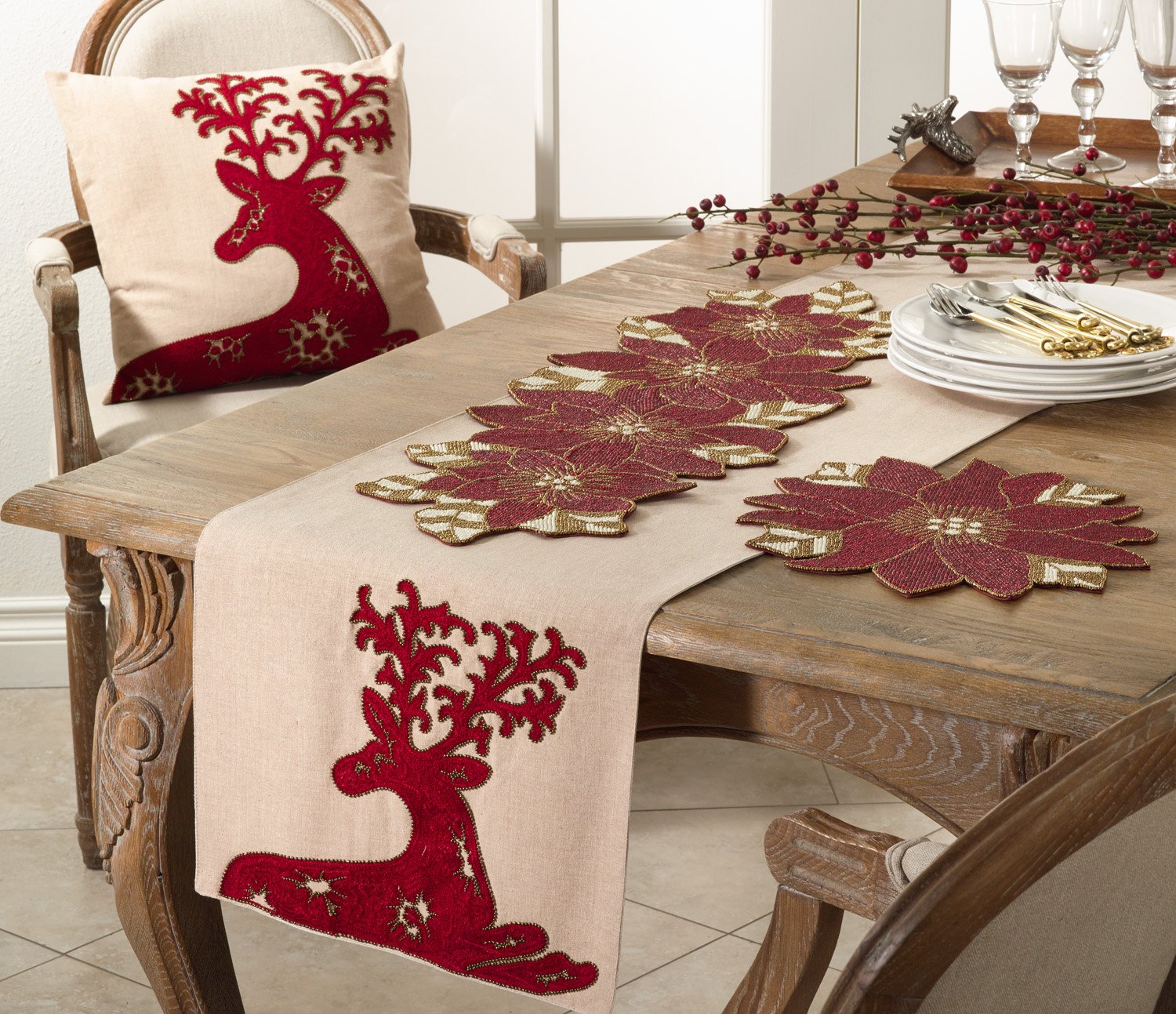 Fennco Styles Elegant Holiday Embroidered Deer Cotton Table Runner 16 x 72 Inch - Christmas Table Cover for Home, Dining Table, Banquets, Family Gathering and Special Occasion