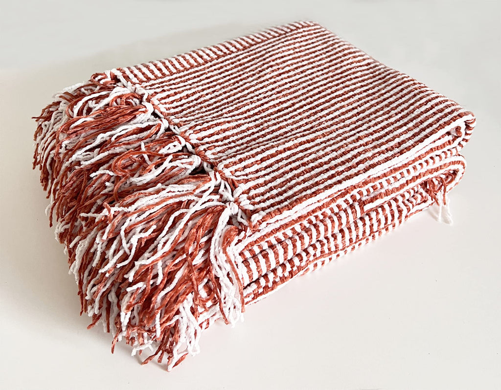Fennco Styles Chenille Woven Striped Tassel Throw Blanket 50" W x 60" L - Grey Soft Blanket for Bed, Couch, Sofa, Home, Office and Holidays Décor