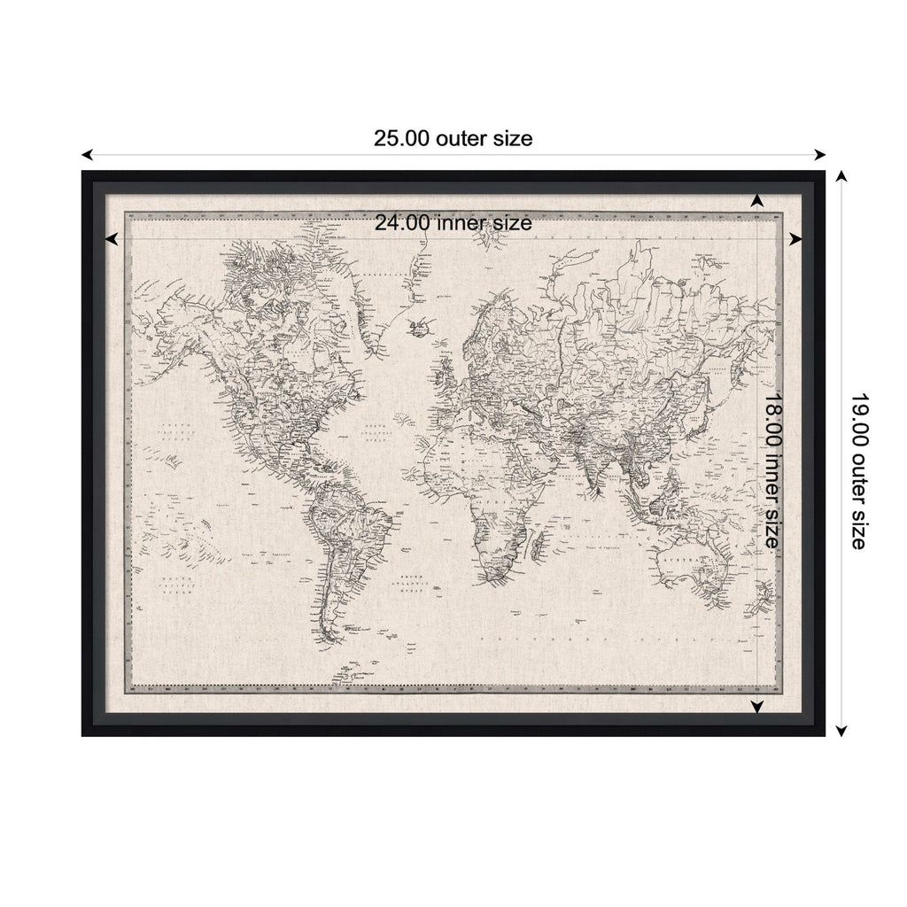 Framed Fabric Pinboard Vintage Black and White Linen World Map Wall Organization