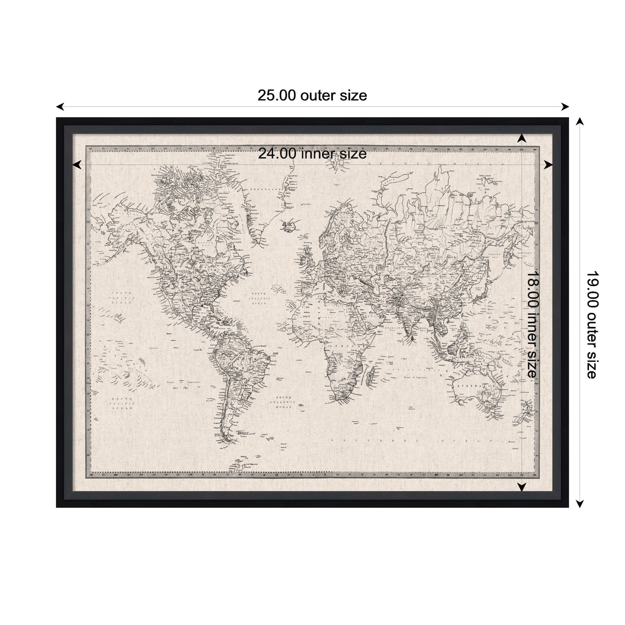 Framed Fabric Pinboard Vintage Black and White Linen World Map Wall Organization