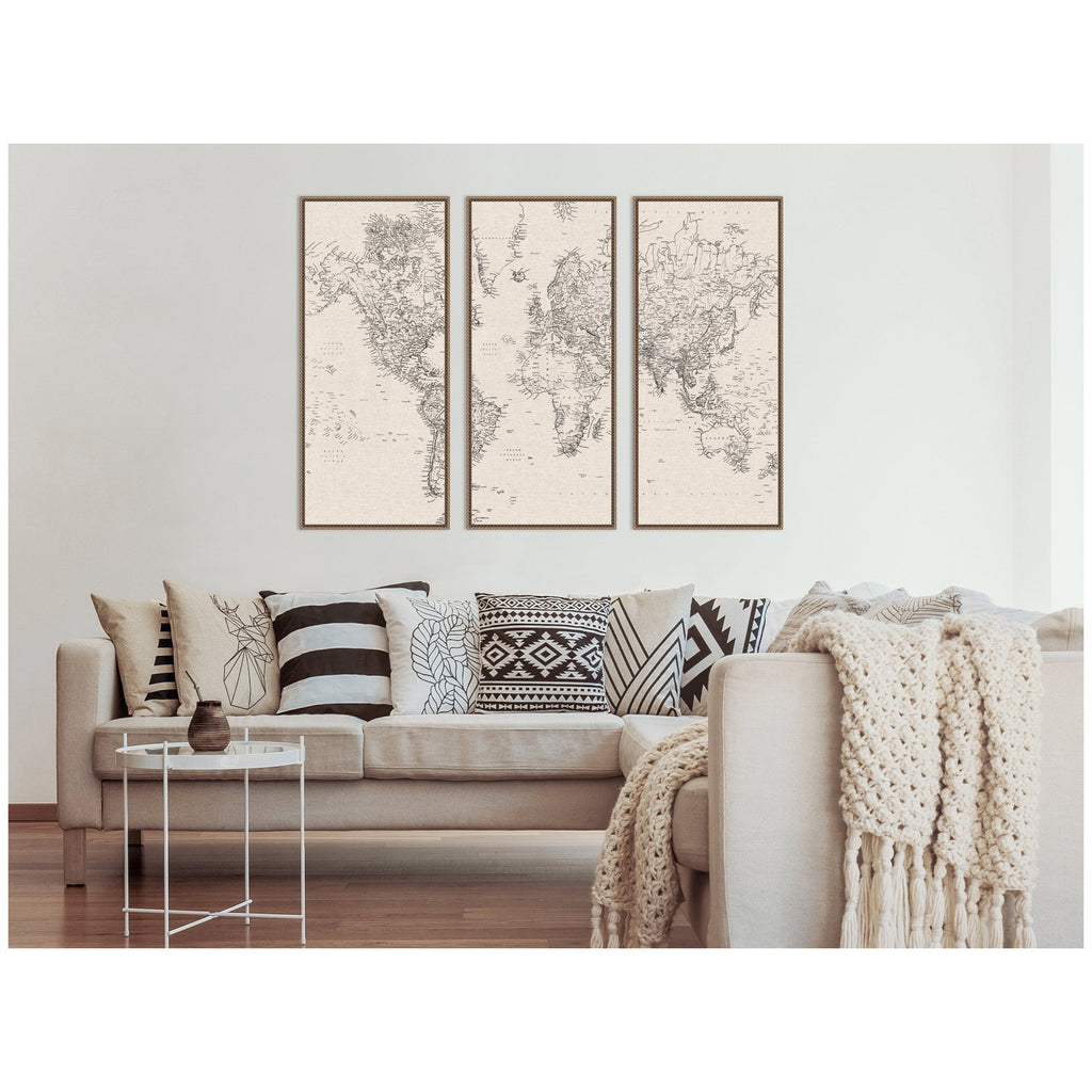 Vintage Black and White World Map Linen 3 Piece Framed Canvas Wall Art Set by The Creative Bunch Studio