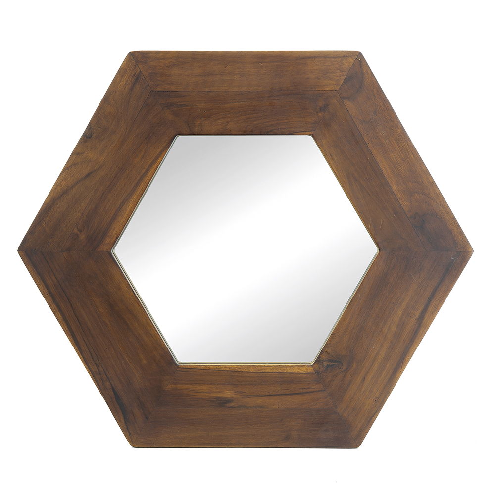 Hexagonal Natural-Wood Wall Mirror