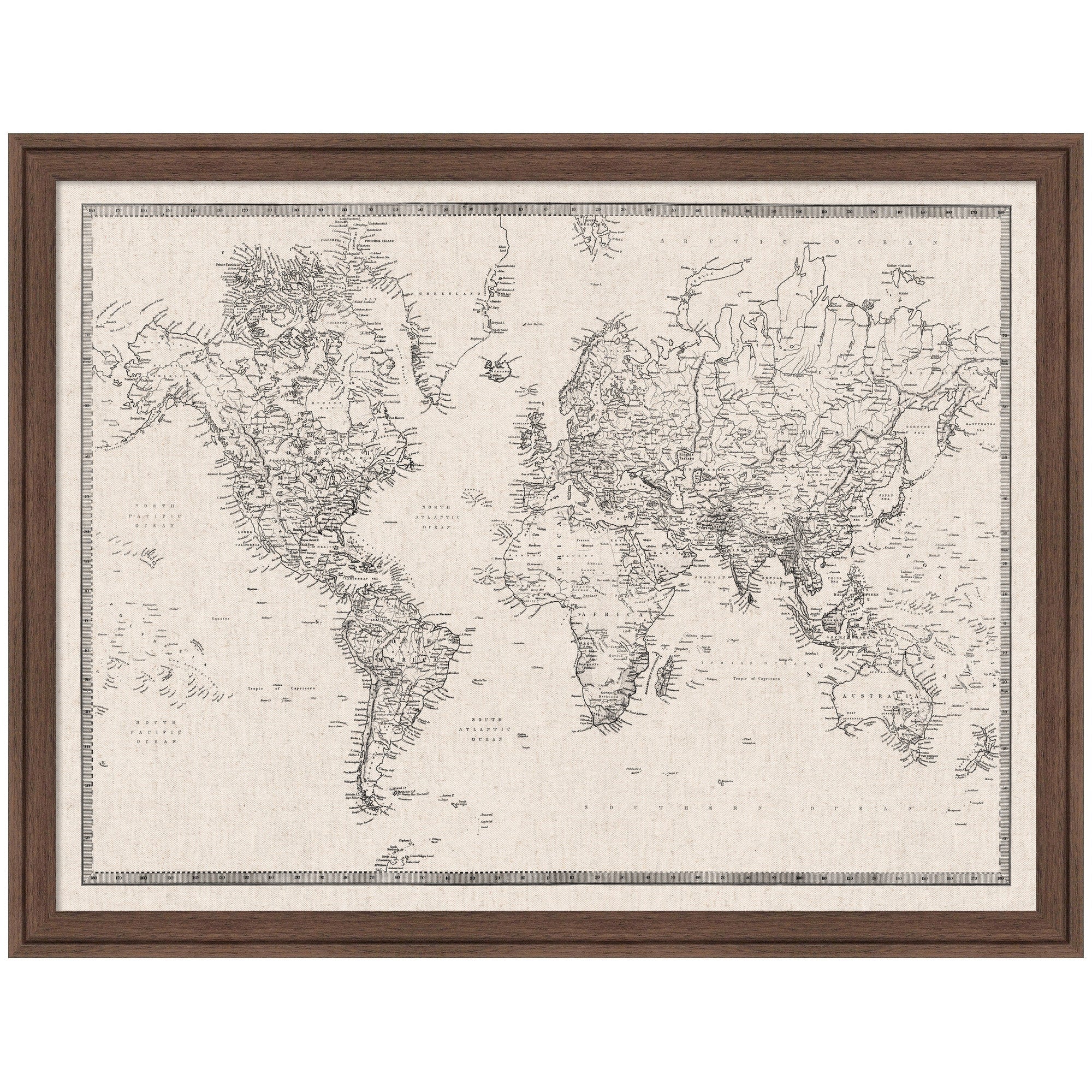 Framed Fabric Pinboard Vintage Black and White Linen World Map Wall Organization