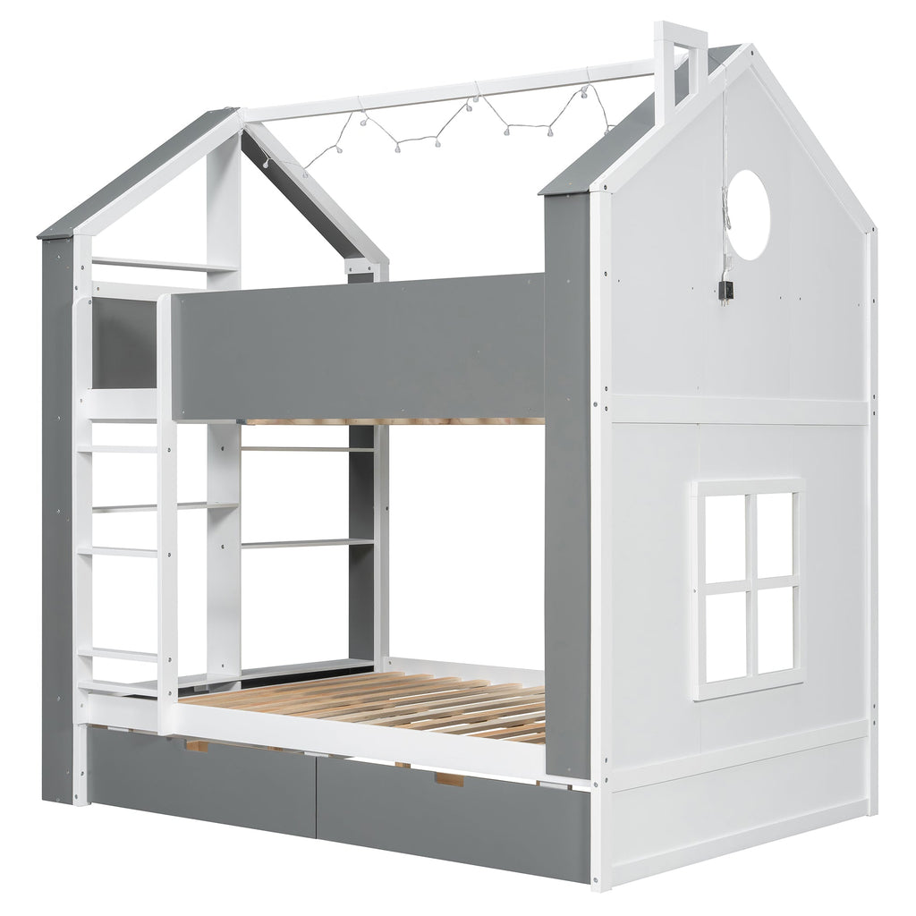 Full Size Bunk Bed with Storage Drawers & Shelves