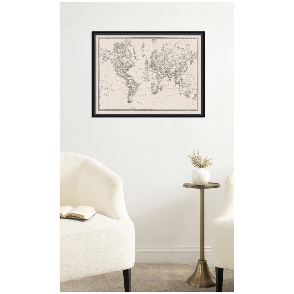 Framed Fabric Pinboard Vintage Black and White Linen World Map Wall Organization