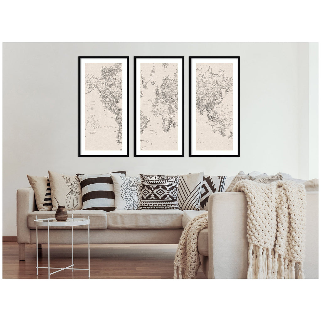 Vintage Black & White World Map — 3-Piece Framed Art Set