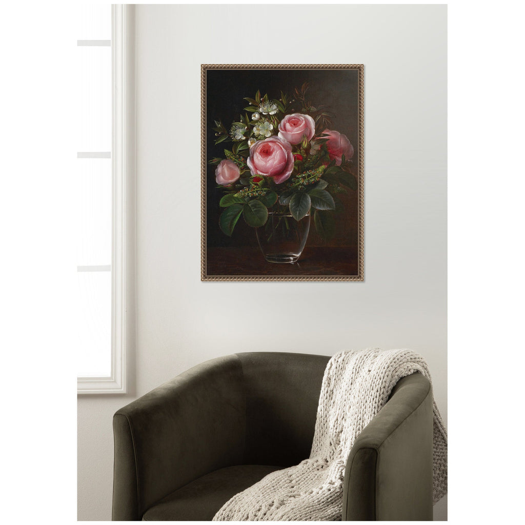 Roses and Tree Anemones in a Glass Vase by Johan Laurentz Jensen by Nostalgia Prints Framed Canvas Wall Art Print