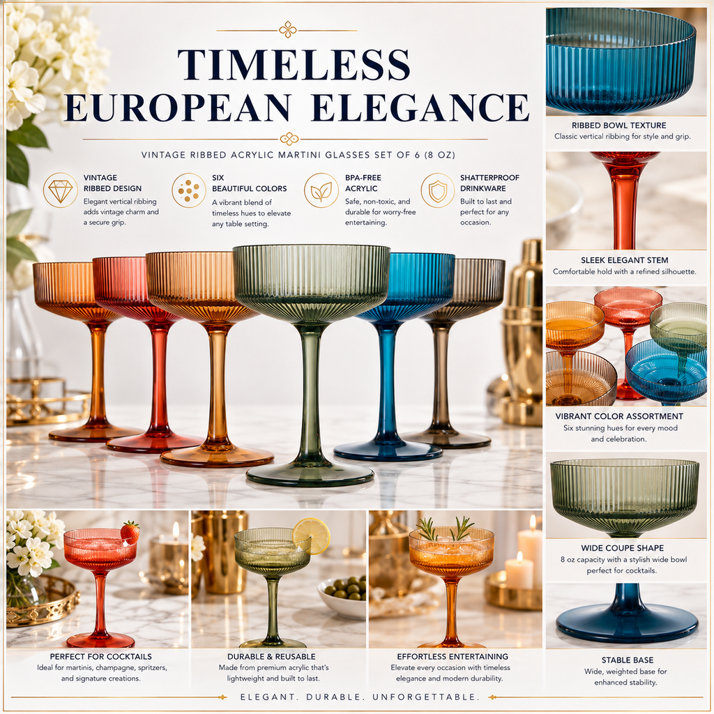 Eze Acrylic Ribbed Champagne Coupe, Cocktail Glassware, Set of 6