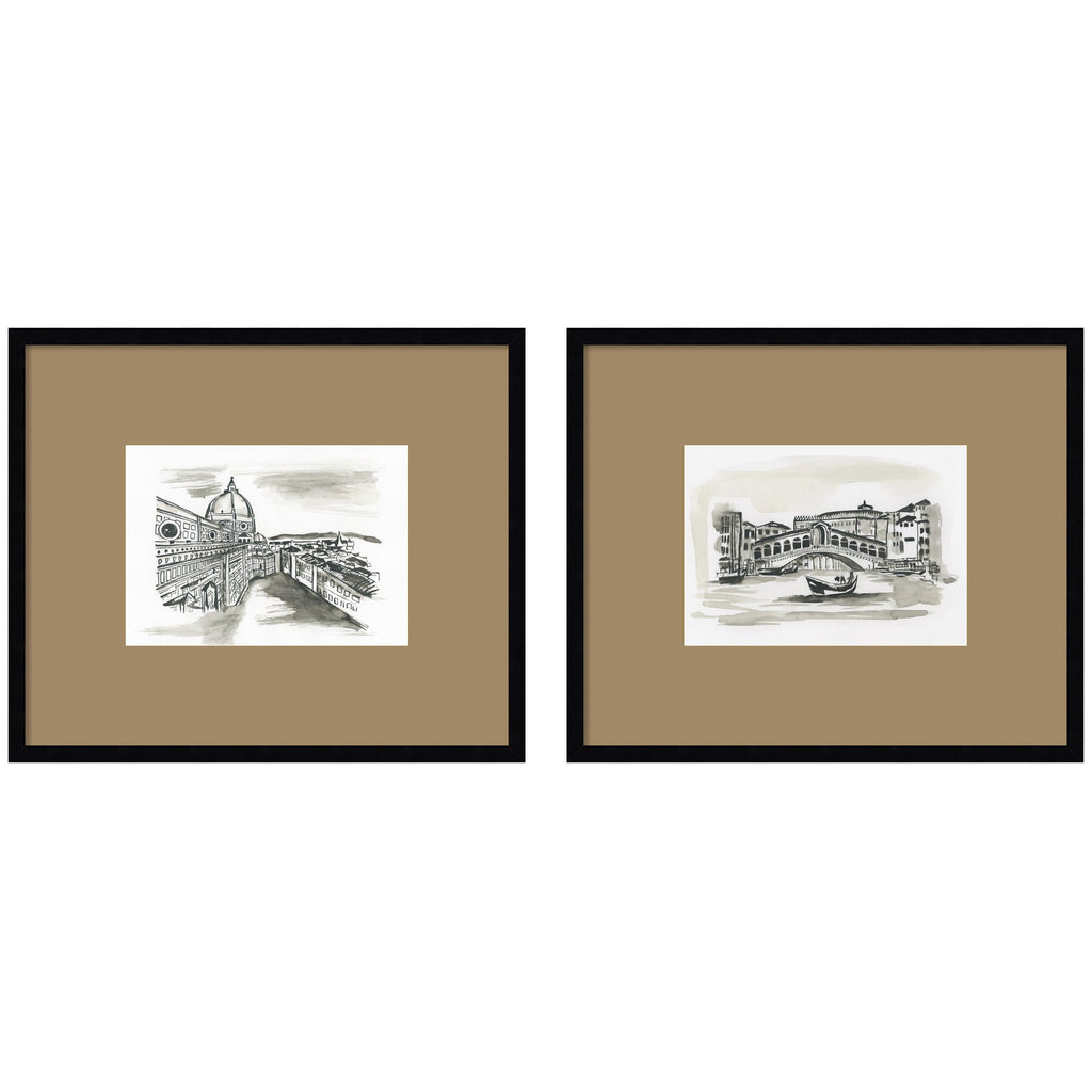 Vintage Postcard Florence & Venice 2 Piece Framed Wall Art Print Set by Teju Reval Brown Mat