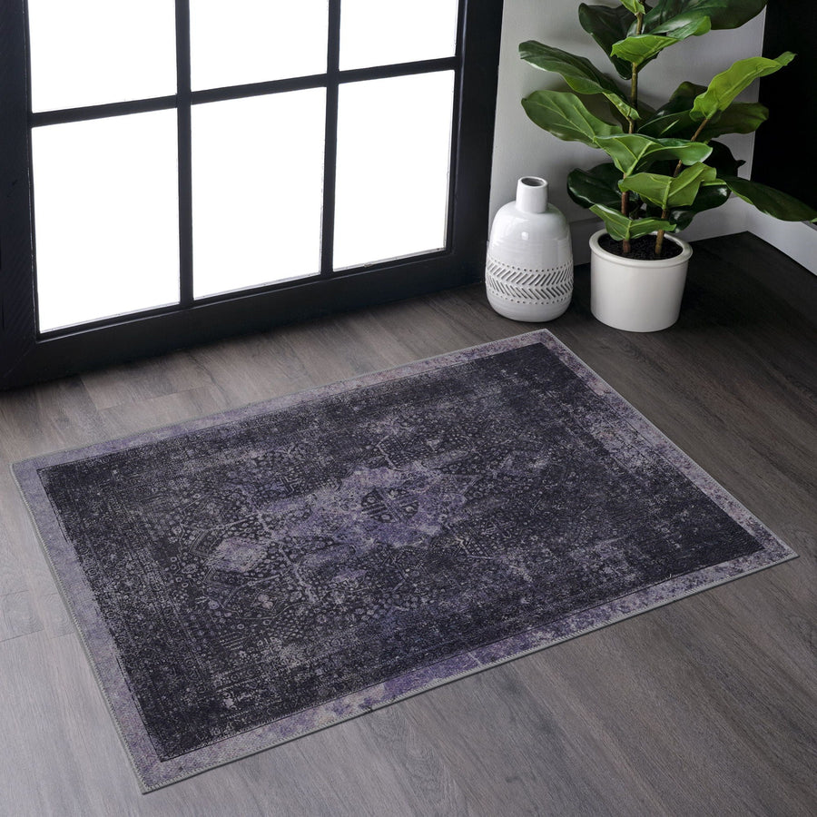 Maval Washable Area Rug — Blue & Dark Gray