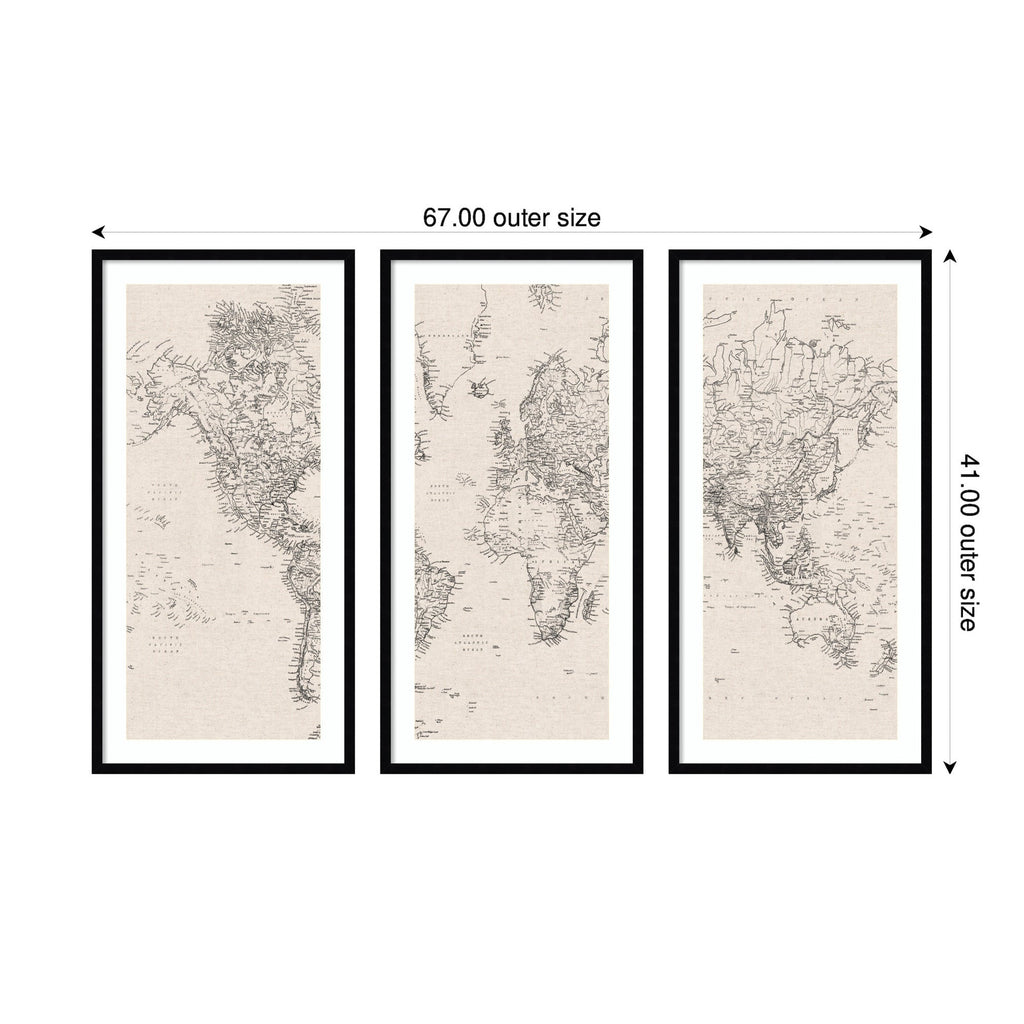 Vintage Black & White World Map — 3-Piece Framed Art Set