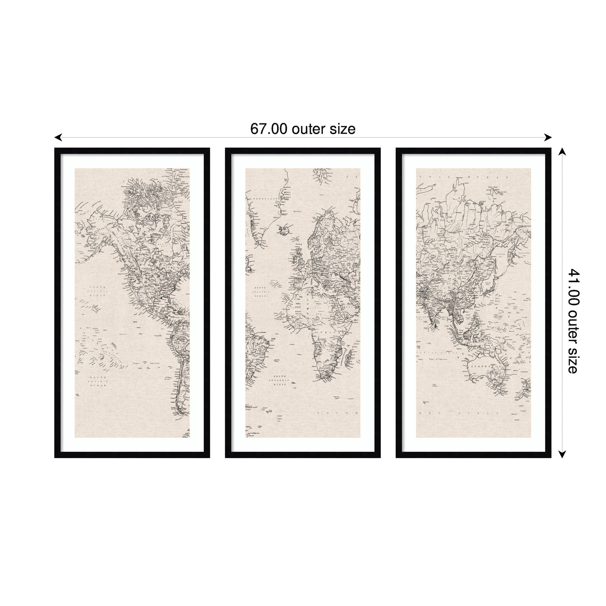 Vintage Black & White World Map — 3-Piece Framed Art Set