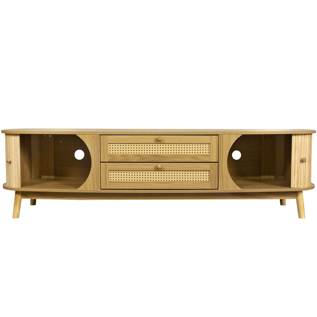 Rattan TV Stand For Tvs Up To 75'', Modern Farmhouse Media Console, Entertainment Center With Legs, TV Cabinet For Living Room, Home Theatre - Natural Wood