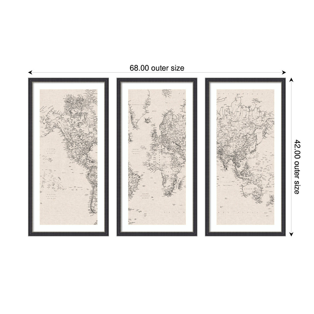 Vintage Black & White World Map — 3-Piece Framed Art Set