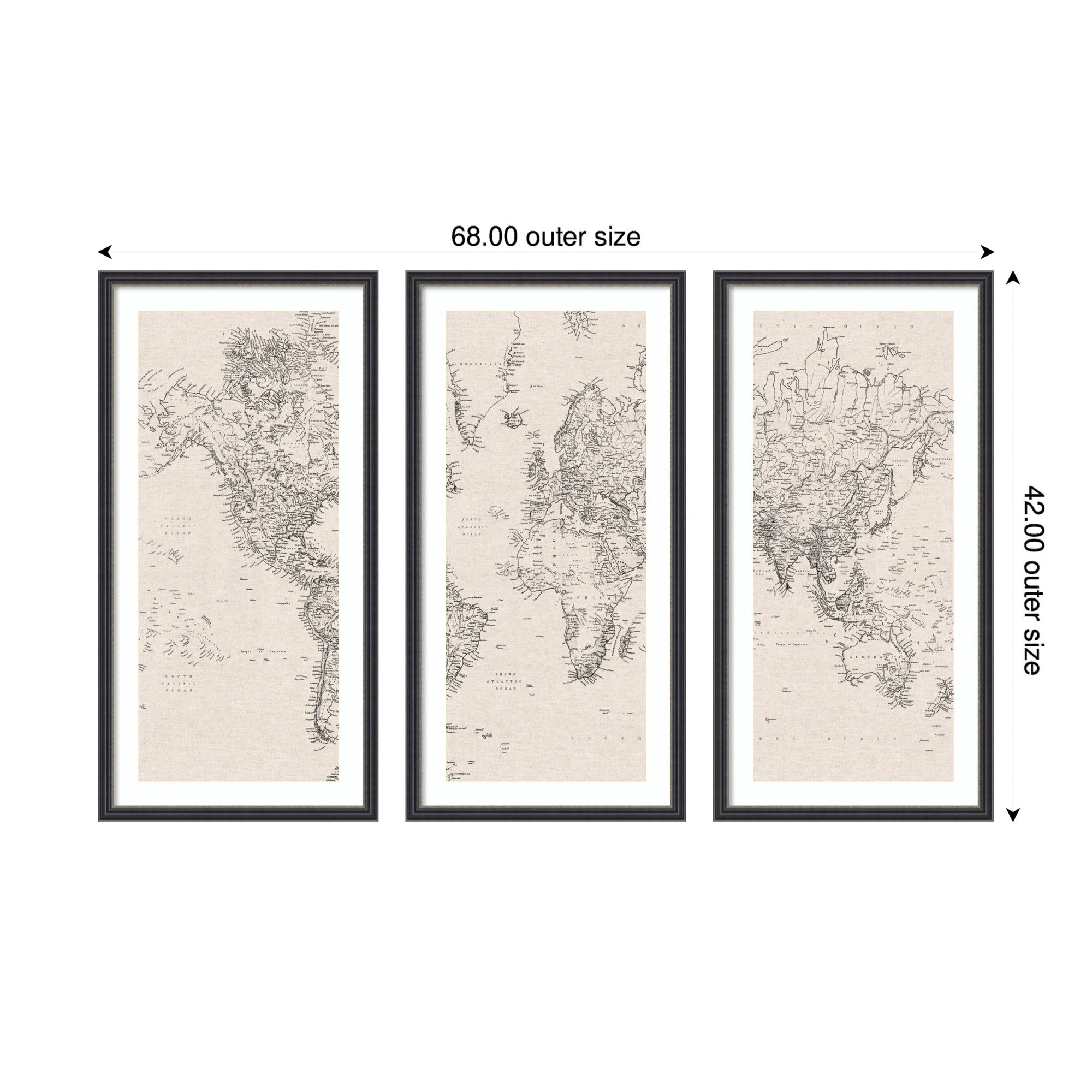 Vintage Black & White World Map — 3-Piece Framed Art Set