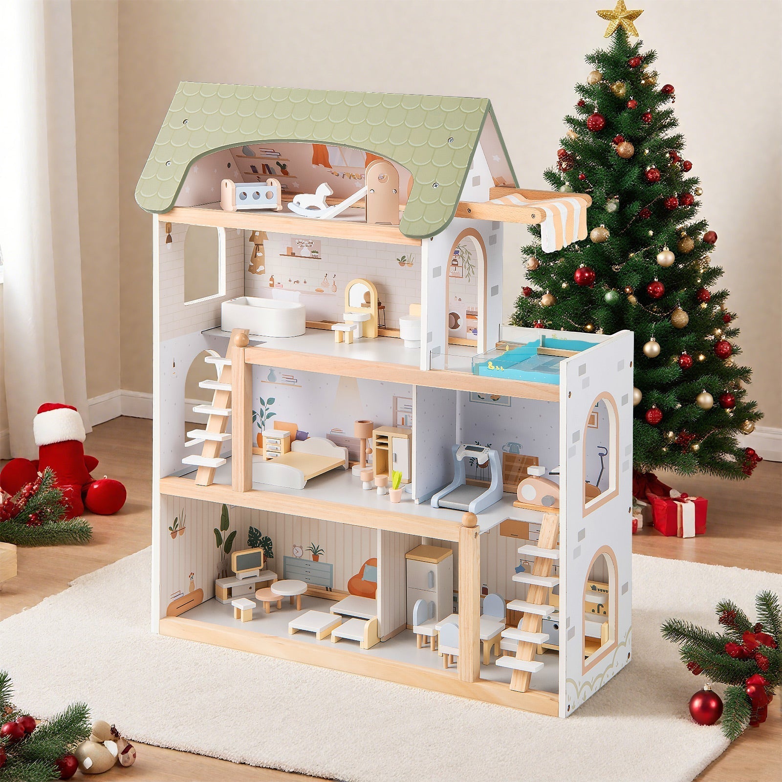 Wooden Dollhouse Kids DIY Pretend Playhouse with 33 PCS Furniture Accessories-Green