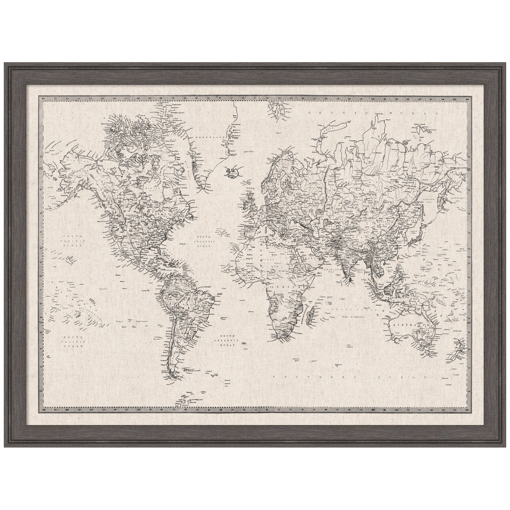 Framed Fabric Pinboard Vintage Black and White Linen World Map Wall Organization