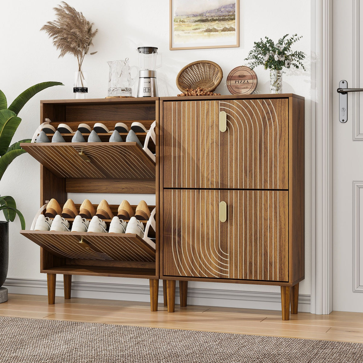 Modern Minimalist Shoe Storage Cabinet With 2 Flip Drawers And Metal Handles - Brown
