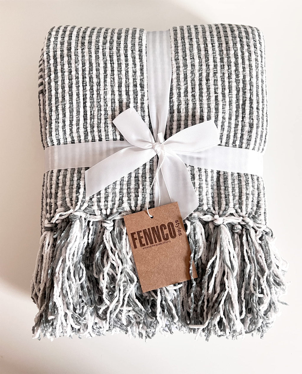 Fennco Styles Chenille Woven Striped Tassel Throw Blanket 50" W x 60" L - Grey Soft Blanket for Bed, Couch, Sofa, Home, Office and Holidays Décor