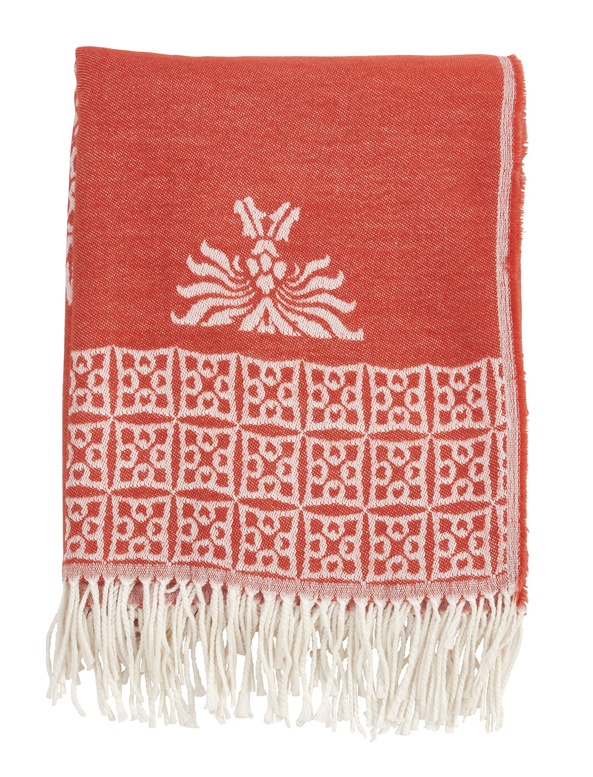 Fennco Styles Broderie Collection Baroque Medallion Pattern Tasseled 50 x 60 Inch Throw – Persimmon Throw Blanket for Couch, Bedroom and Living Room Décor