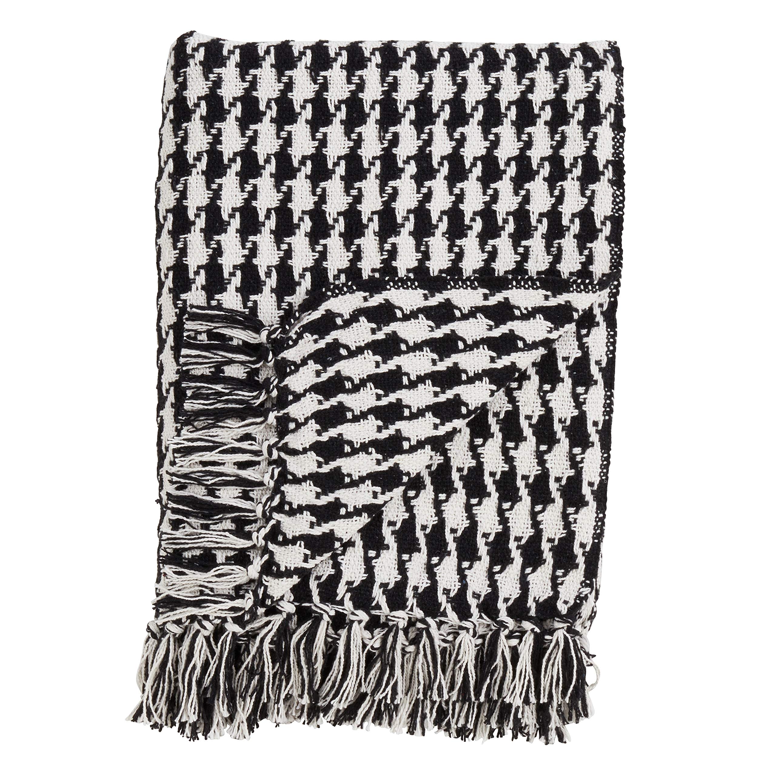 Fennco Styles Houndstooth Tassels 100% Cotton Woven Decorative Throw Blanket, 50" x 60", Black and White