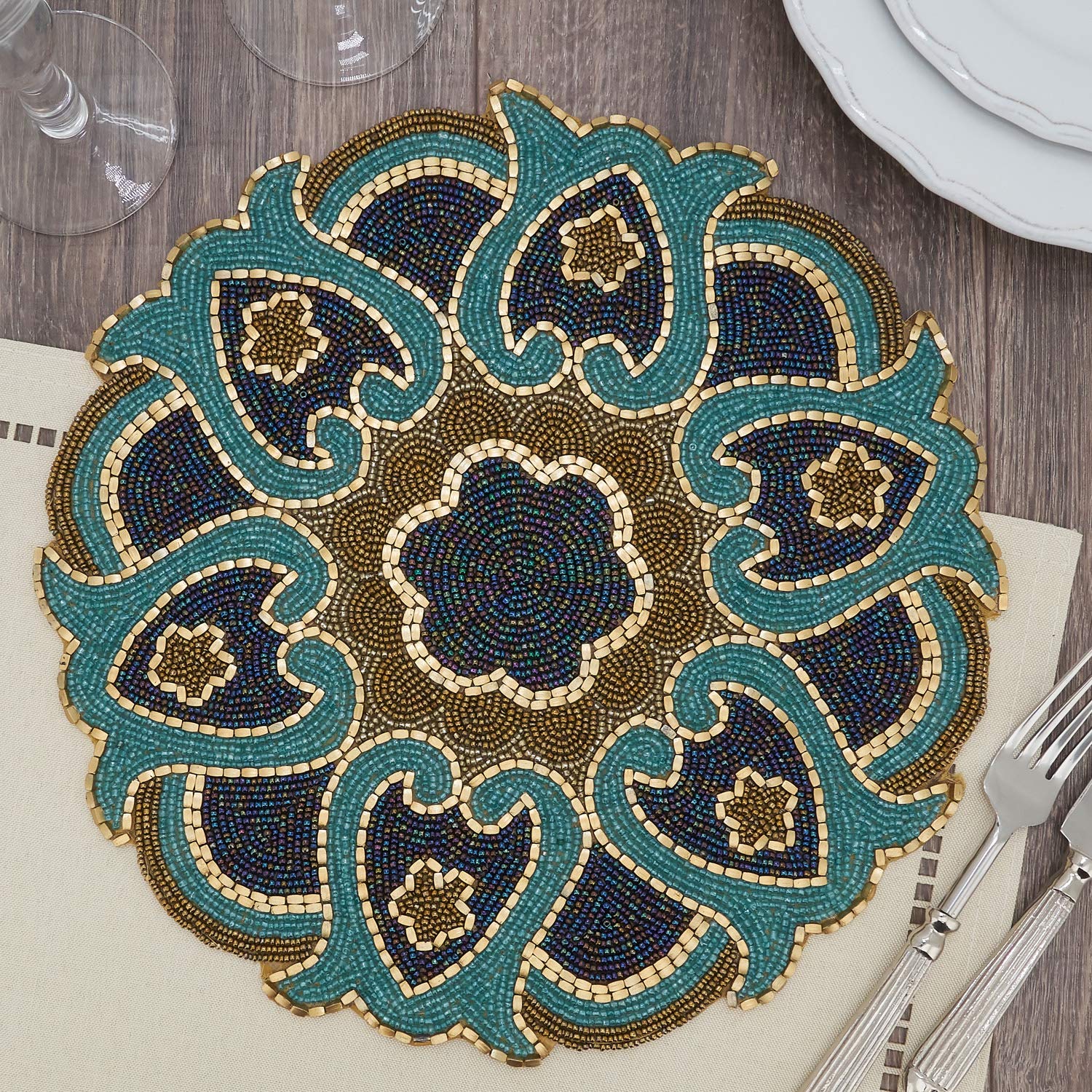 Fennco Styles Hand Beaded Floral Cutwork Design Placemat 14" Round, 1-Piece - Multicolored Table Mat for Banquets, Christmas, Special Events and Home Décor