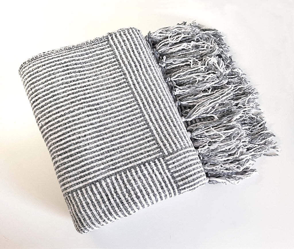 Fennco Styles Chenille Woven Striped Tassel Throw Blanket 50" W x 60" L - Grey Soft Blanket for Bed, Couch, Sofa, Home, Office and Holidays Décor