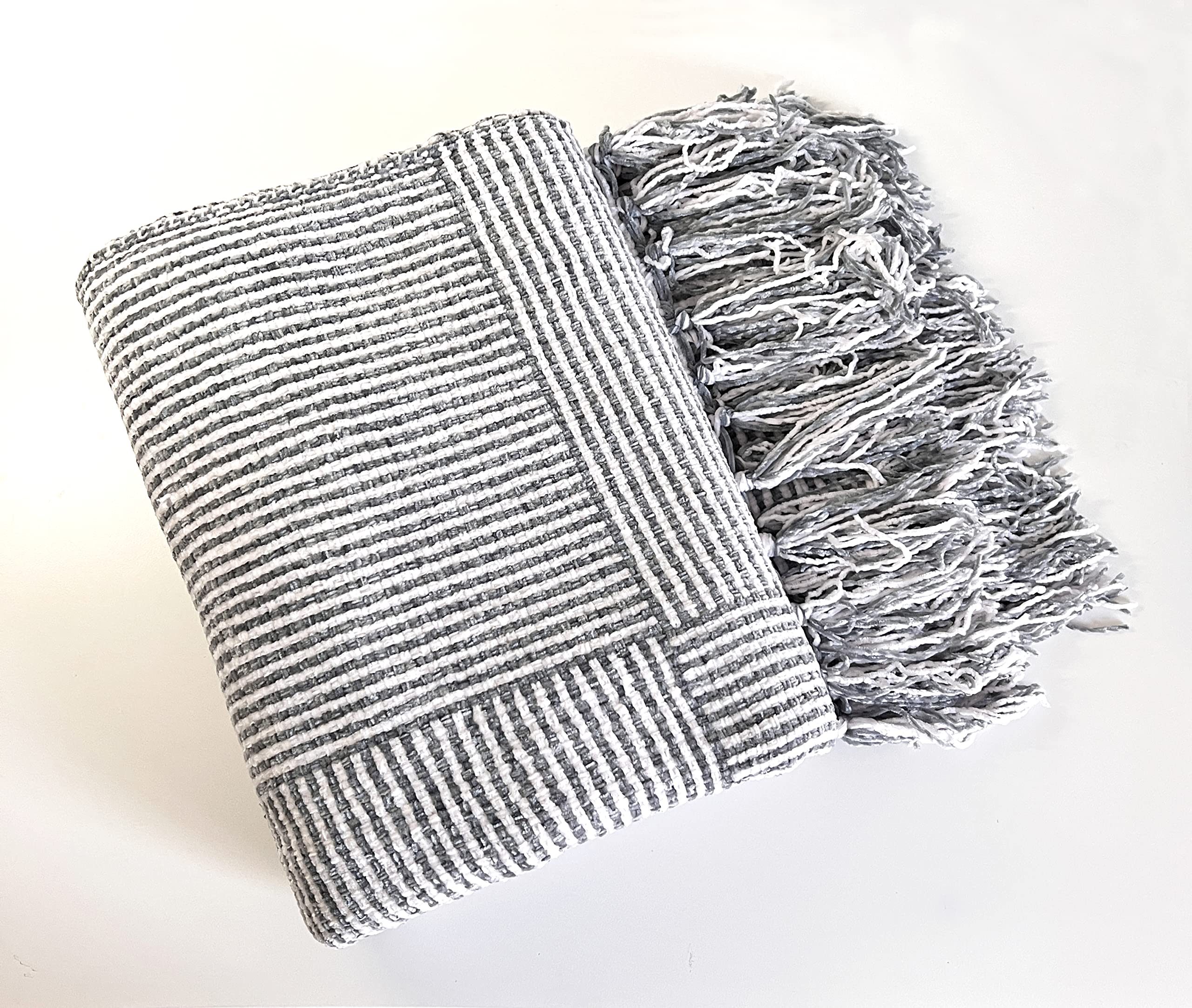 Fennco Styles Chenille Woven Striped Tassel Throw Blanket 50" W x 60" L - Grey Soft Blanket for Bed, Couch, Sofa, Home, Office and Holidays Décor