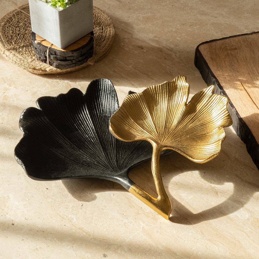 Black & Gold Ginkgo Leaf Tray, 2-Tier Centerpiece