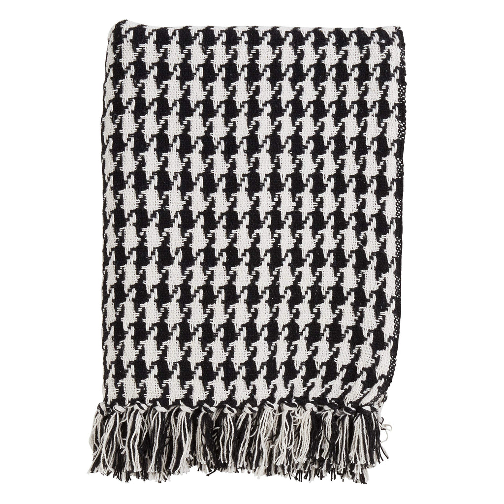 Fennco Styles Houndstooth Tassels 100% Cotton Woven Decorative Throw Blanket, 50" x 60", Black and White