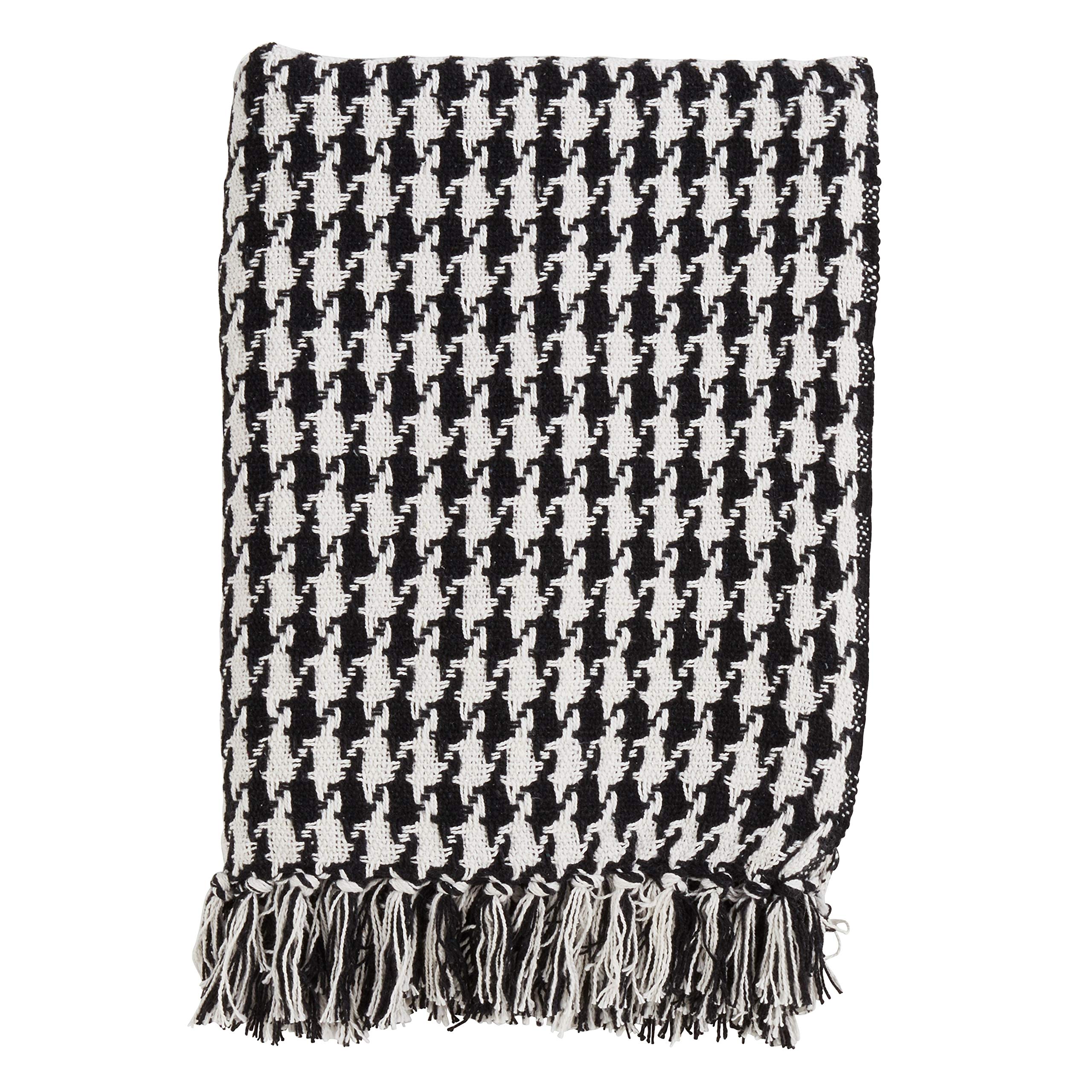 Fennco Styles Houndstooth Tassels 100% Cotton Woven Decorative Throw Blanket, 50" x 60", Black and White