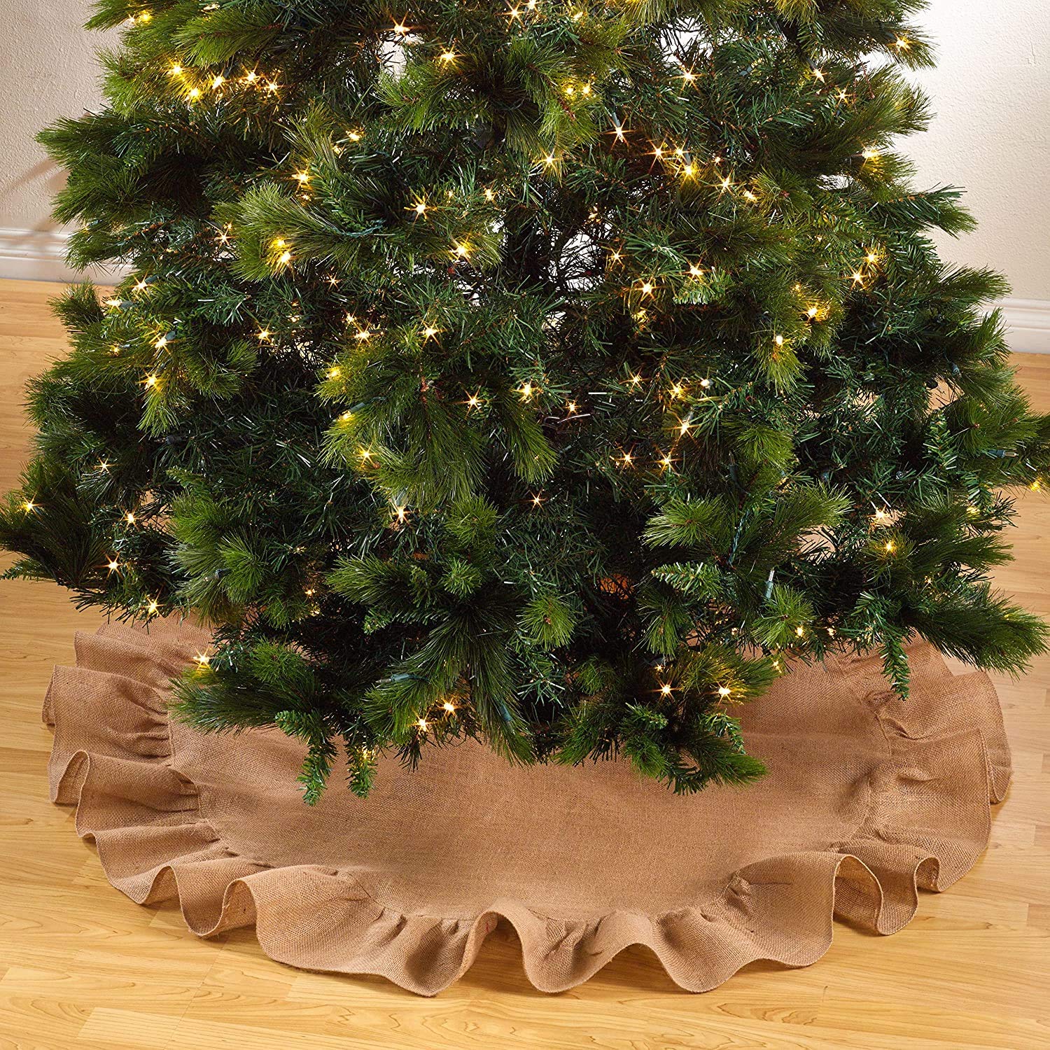 Fennco Styles Holiday Décor Ruffled Jute Christmas Tree Skirt - Natural Burlap Tree Skirt for Home, Office, Outdoor, Winter Holidays and Special Occasions