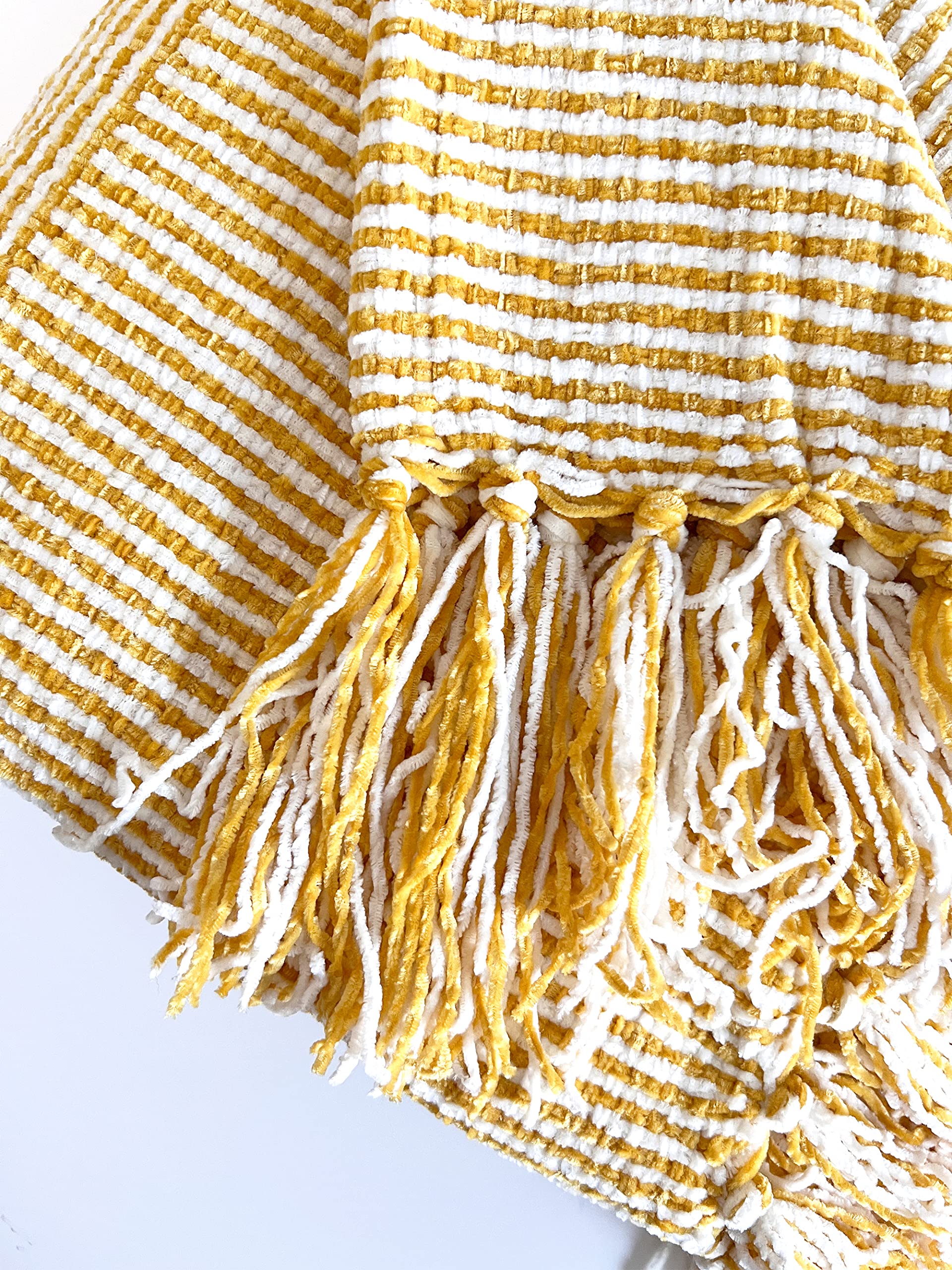 Fennco Styles Chenille Woven Striped Tassel Throw Blanket 50" W x 60" L - Grey Soft Blanket for Bed, Couch, Sofa, Home, Office and Holidays Décor