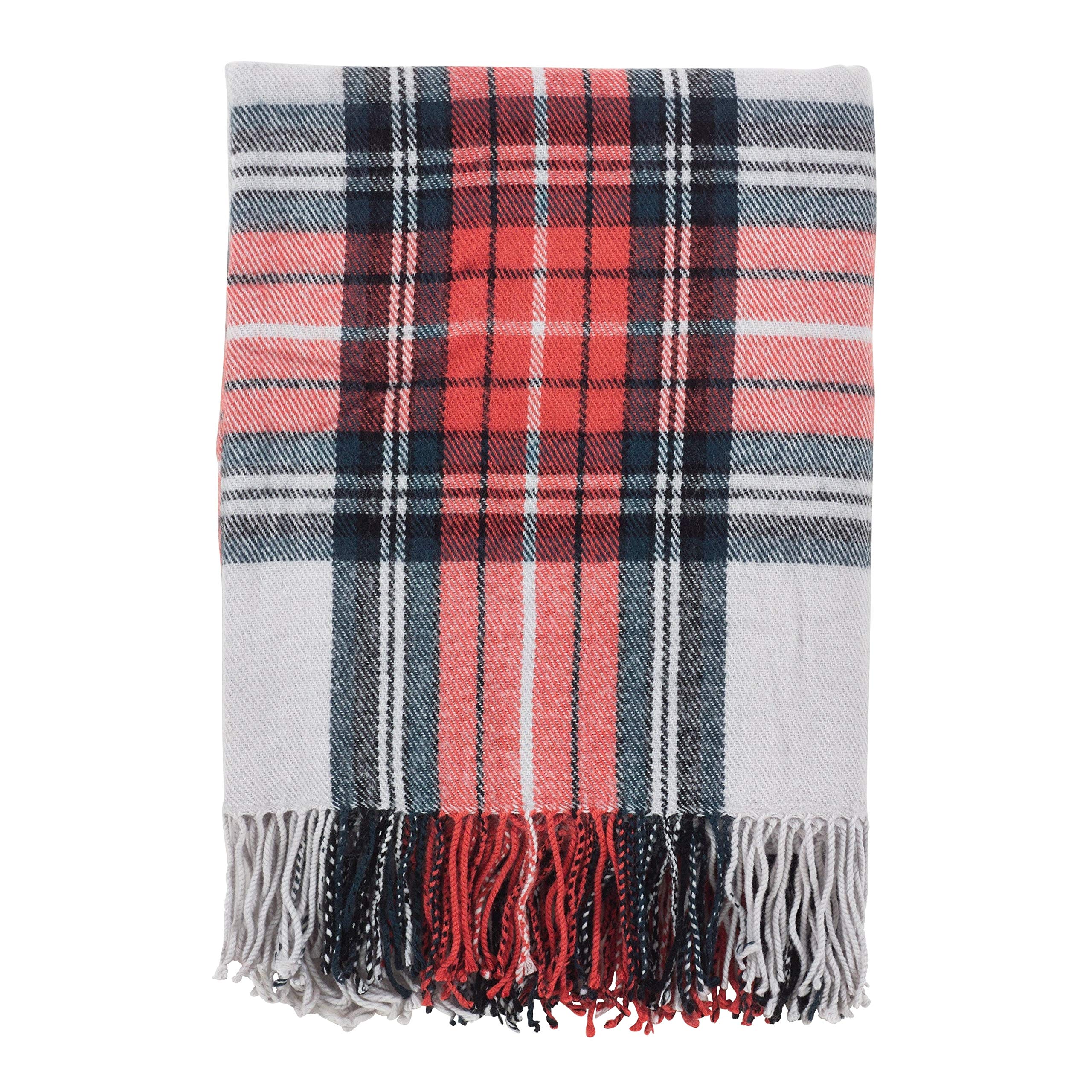 Fennco Styles Classic Plaid Pattern Tassel Trim Throw Blanket, 50" x 60" (Orange/Grey Multi)