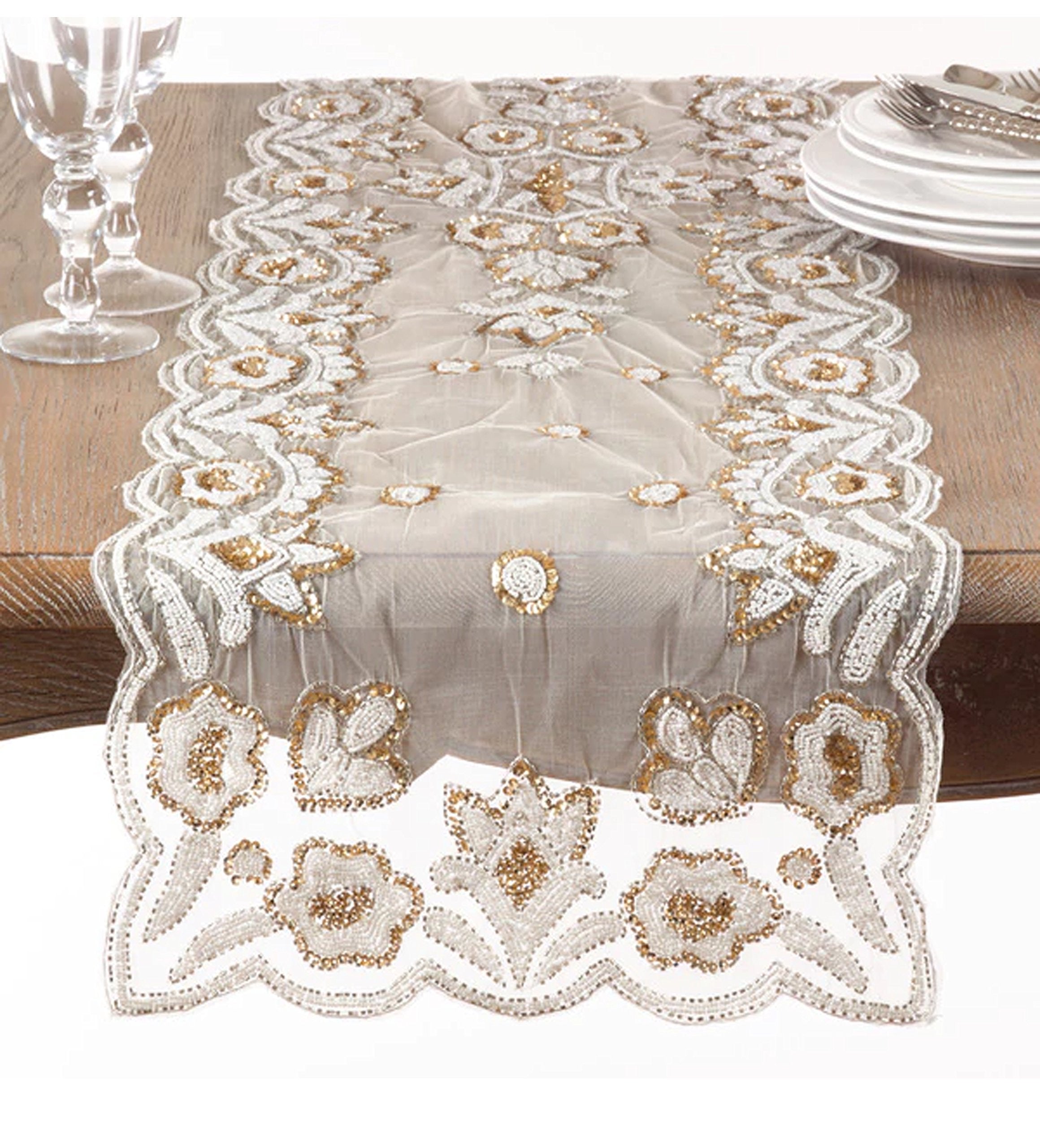 Fennco Styles Hand-Beaded Floral Table Runner - 16"x72" - 2 Colors