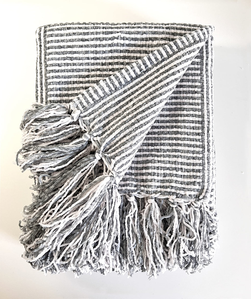 Fennco Styles Chenille Woven Striped Tassel Throw Blanket 50" W x 60" L - Grey Soft Blanket for Bed, Couch, Sofa, Home, Office and Holidays Décor