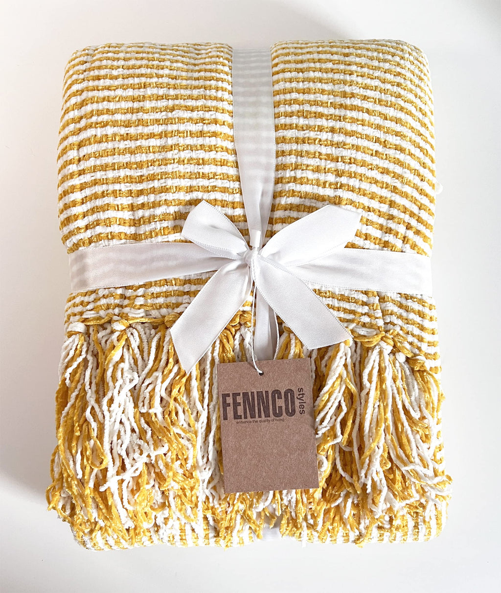 Fennco Styles Chenille Woven Striped Tassel Throw Blanket 50" W x 60" L - Grey Soft Blanket for Bed, Couch, Sofa, Home, Office and Holidays Décor